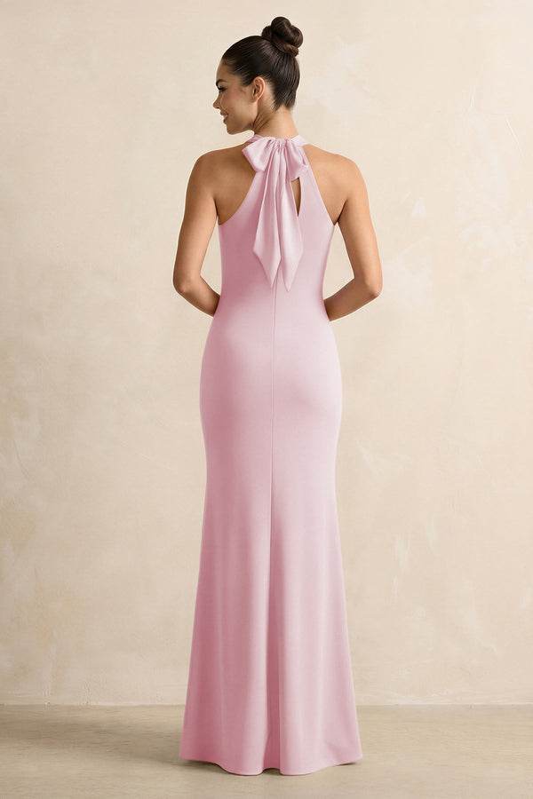 Crisscross Halter Sheath Chiffon Bridesmaid Dress with Bow in Candy Pink - KissProm BRIDESMAID DRESSES