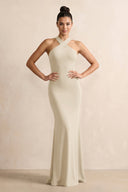 Crisscross Halter Sheath Chiffon Bridesmaid Dress with Bow in Champagne - KissProm BRIDESMAID DRESSES