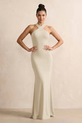 Crisscross Halter Sheath Chiffon Bridesmaid Dress with Bow in Champagne - KissProm BRIDESMAID DRESSES