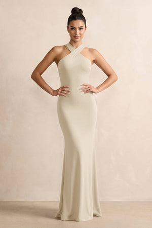 Crisscross Halter Sheath Chiffon Bridesmaid Dress with Bow in Champagne - KissProm BRIDESMAID DRESSES