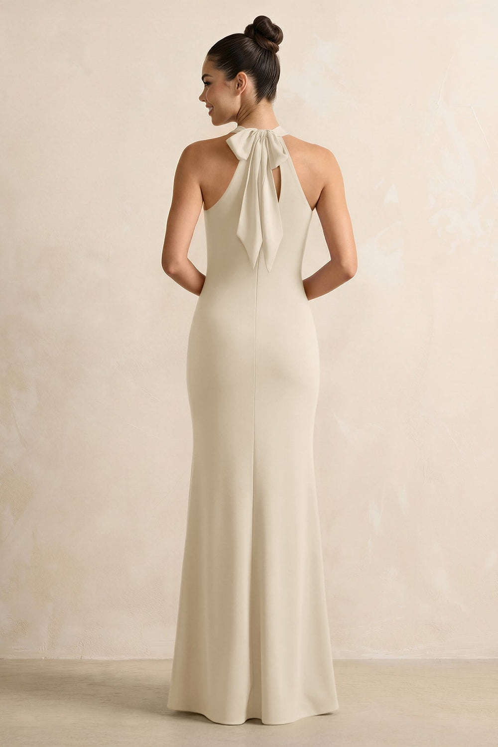 Crisscross Halter Sheath Chiffon Bridesmaid Dress with Bow in Champagne - KissProm BRIDESMAID DRESSES