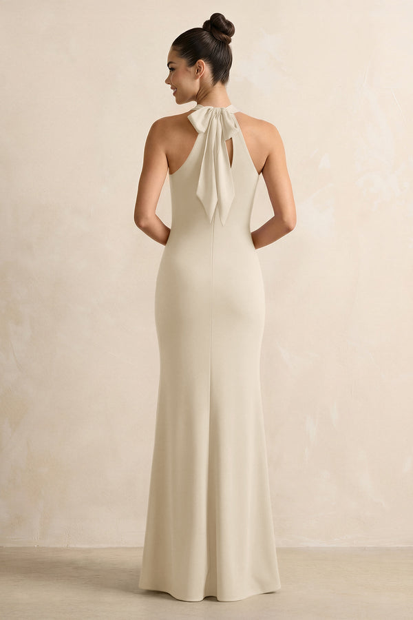 Crisscross Halter Sheath Chiffon Bridesmaid Dress with Bow in Champagne - KissProm BRIDESMAID DRESSES