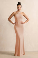 Crisscross Halter Sheath Chiffon Bridesmaid Dress with Bow in Champagne Rose - KissProm BRIDESMAID DRESSES