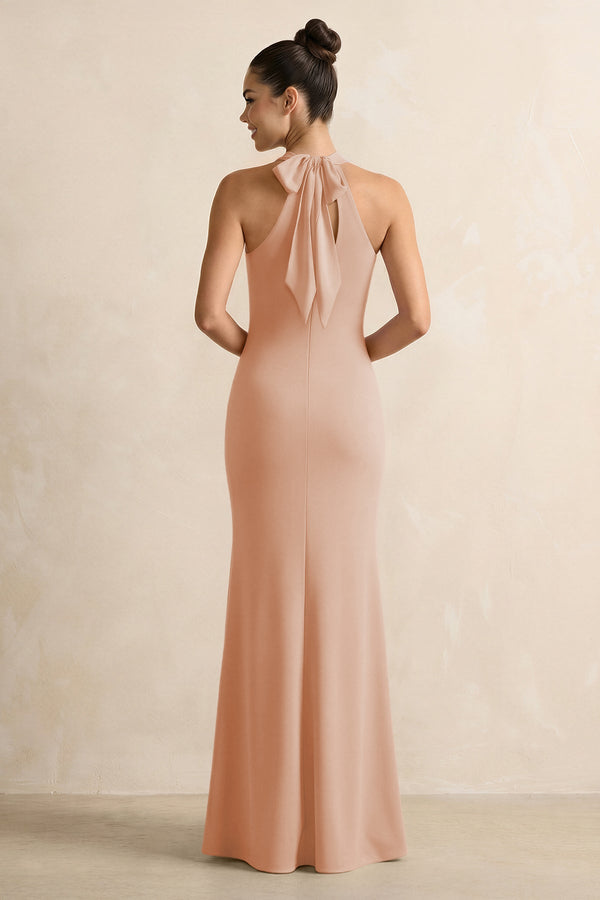 Crisscross Halter Sheath Chiffon Bridesmaid Dress with Bow in Champagne Rose - KissProm BRIDESMAID DRESSES