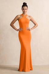 Crisscross Halter Sheath Chiffon Bridesmaid Dress with Bow in Cinnamon - KissProm BRIDESMAID DRESSES