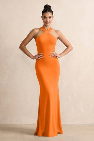 Crisscross Halter Sheath Chiffon Bridesmaid Dress with Bow in Cinnamon - KissProm BRIDESMAID DRESSES