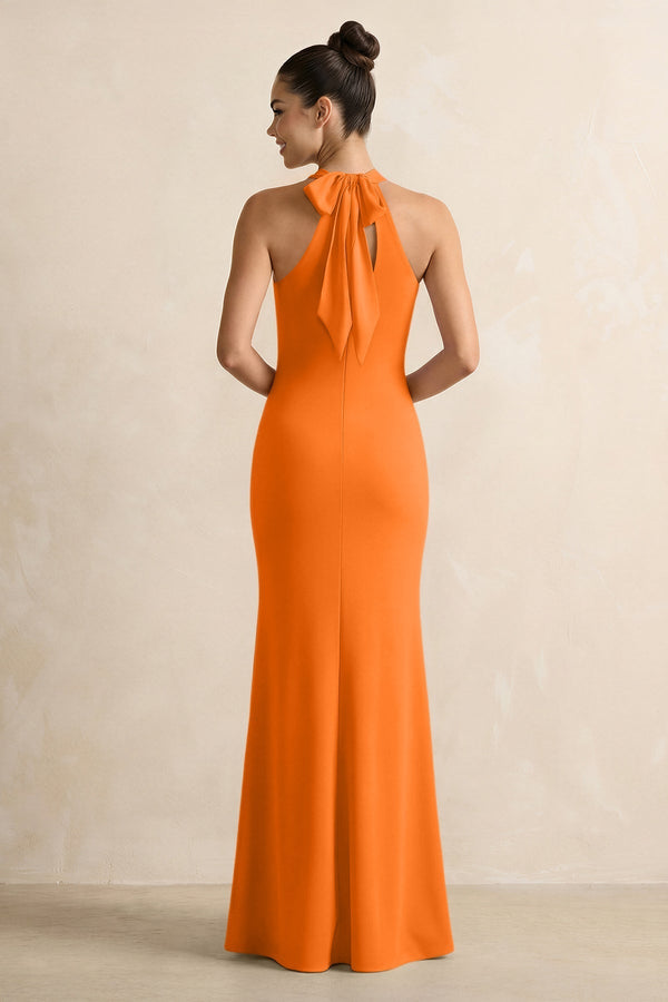 Crisscross Halter Sheath Chiffon Bridesmaid Dress with Bow in Cinnamon - KissProm BRIDESMAID DRESSES