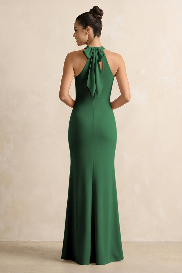 Crisscross Halter Sheath Chiffon Bridesmaid Dress with Bow in Dark Green - KissProm BRIDESMAID DRESSES
