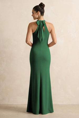 Crisscross Halter Sheath Chiffon Bridesmaid Dress with Bow in Dark Green - KissProm BRIDESMAID DRESSES