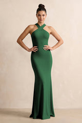 Crisscross Halter Sheath Chiffon Bridesmaid Dress with Bow in Dark Green - KissProm BRIDESMAID DRESSES
