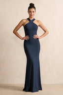 Crisscross Halter Sheath Chiffon Bridesmaid Dress with Bow in Dark Navy - KissProm BRIDESMAID DRESSES
