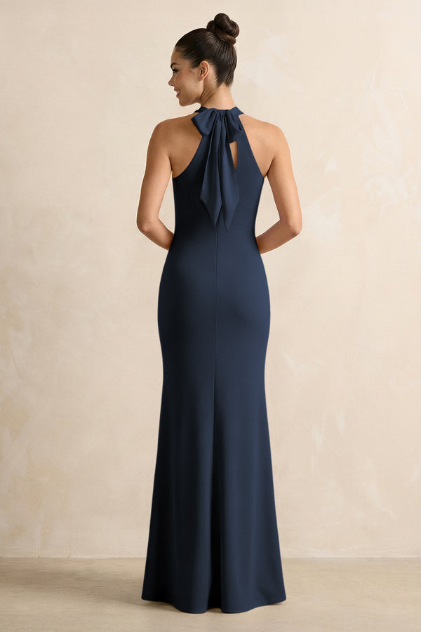 Crisscross Halter Sheath Chiffon Bridesmaid Dress with Bow in Dark Navy - KissProm BRIDESMAID DRESSES