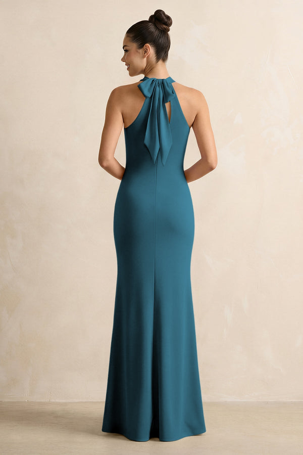 Crisscross Halter Sheath Chiffon Bridesmaid Dress with Bow in Dark Teal - KissProm BRIDESMAID DRESSES