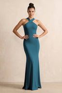 Crisscross Halter Sheath Chiffon Bridesmaid Dress with Bow in Dark Teal - KissProm BRIDESMAID DRESSES