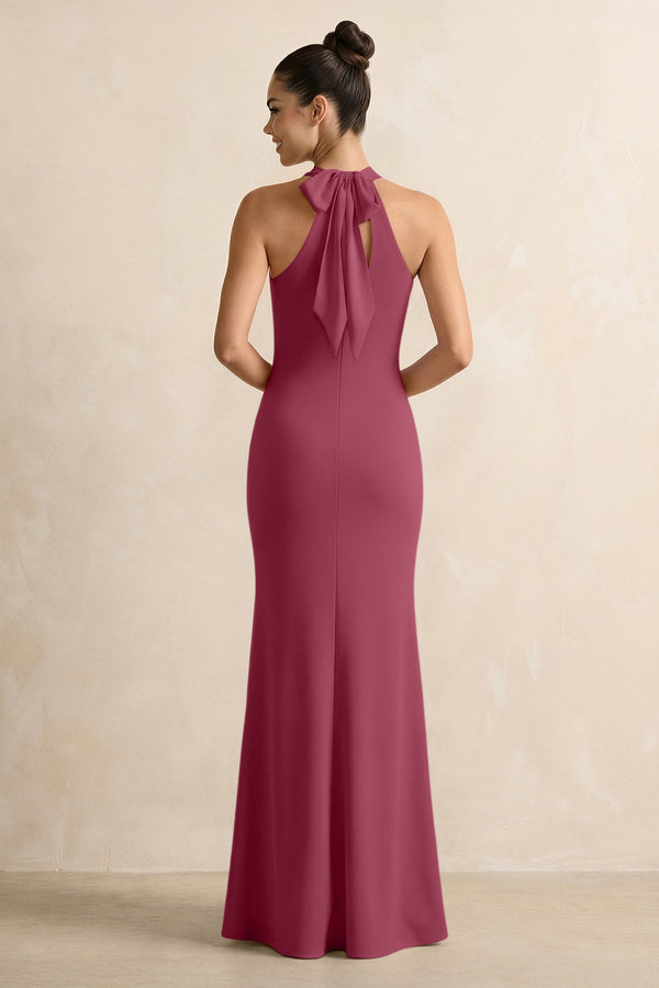 Crisscross Halter Sheath Chiffon Bridesmaid Dress with Bow in Desert Rose - KissProm BRIDESMAID DRESSES