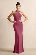 Crisscross Halter Sheath Chiffon Bridesmaid Dress with Bow in Desert Rose - KissProm BRIDESMAID DRESSES
