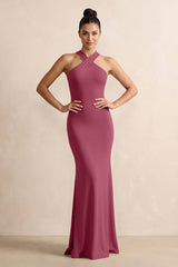 Crisscross Halter Sheath Chiffon Bridesmaid Dress with Bow in Desert Rose - KissProm BRIDESMAID DRESSES
