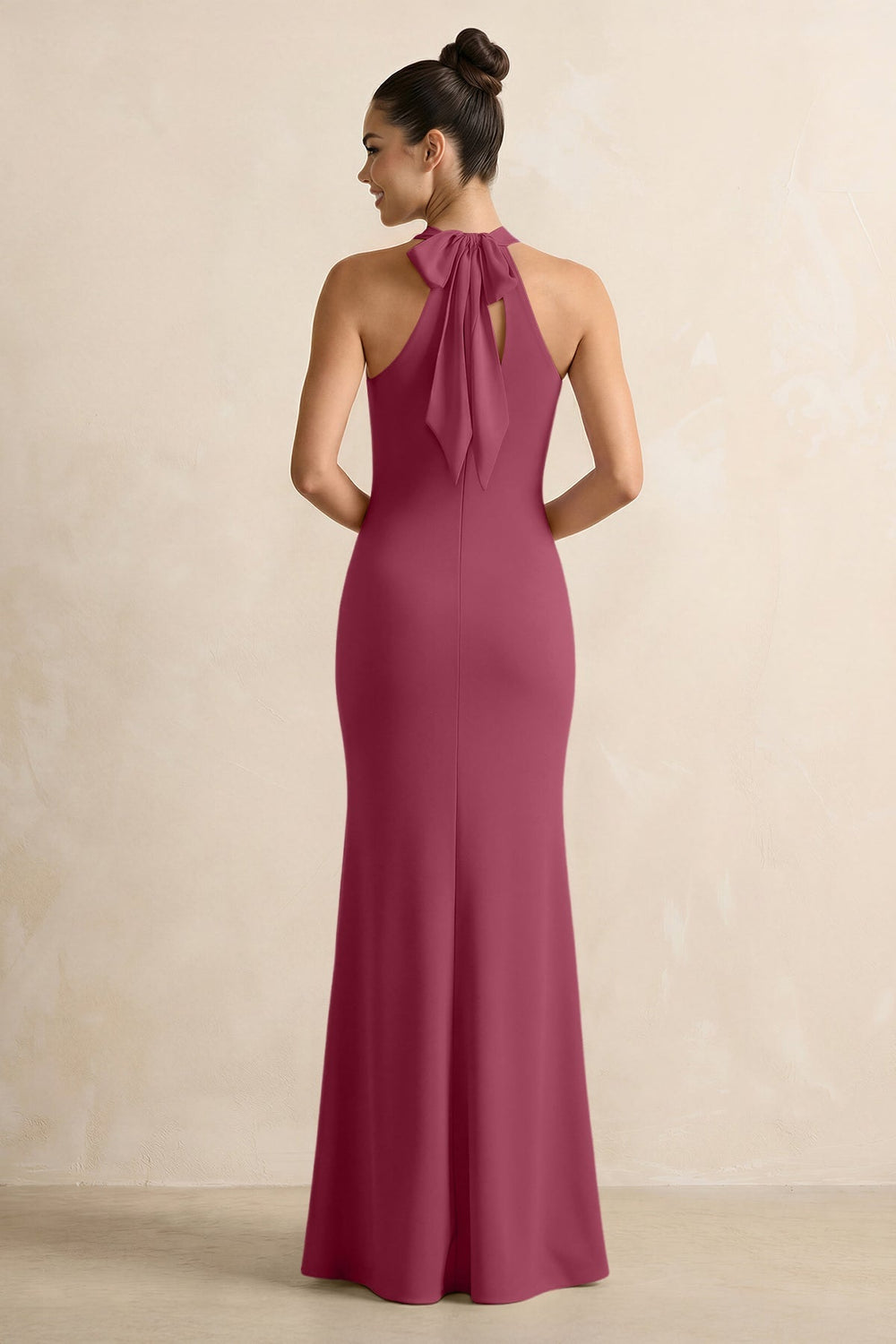 Crisscross Halter Sheath Chiffon Bridesmaid Dress with Bow in Desert Rose - KissProm BRIDESMAID DRESSES
