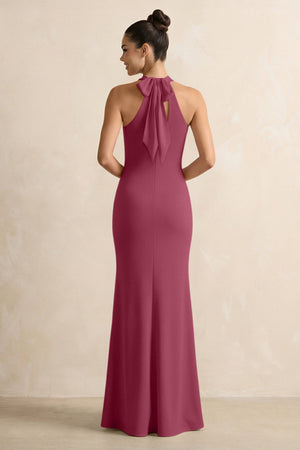 Crisscross Halter Sheath Chiffon Bridesmaid Dress with Bow in Desert Rose - KissProm BRIDESMAID DRESSES