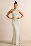 Crisscross Halter Sheath Chiffon Bridesmaid Dress with Bow in Dove Gray - KissProm BRIDESMAID DRESSES