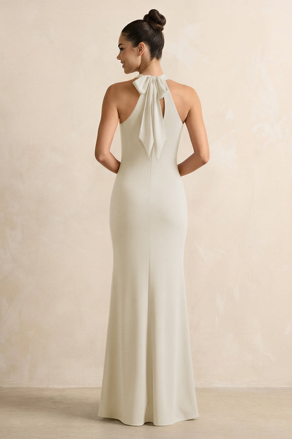 Crisscross Halter Sheath Chiffon Bridesmaid Dress with Bow in Dove Gray - KissProm BRIDESMAID DRESSES