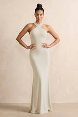 Crisscross Halter Sheath Chiffon Bridesmaid Dress with Bow in Dove Gray - KissProm BRIDESMAID DRESSES