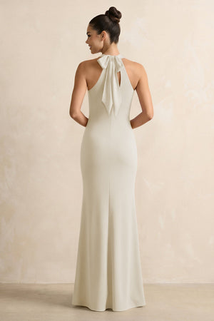 Crisscross Halter Sheath Chiffon Bridesmaid Dress with Bow in Dove Gray - KissProm BRIDESMAID DRESSES
