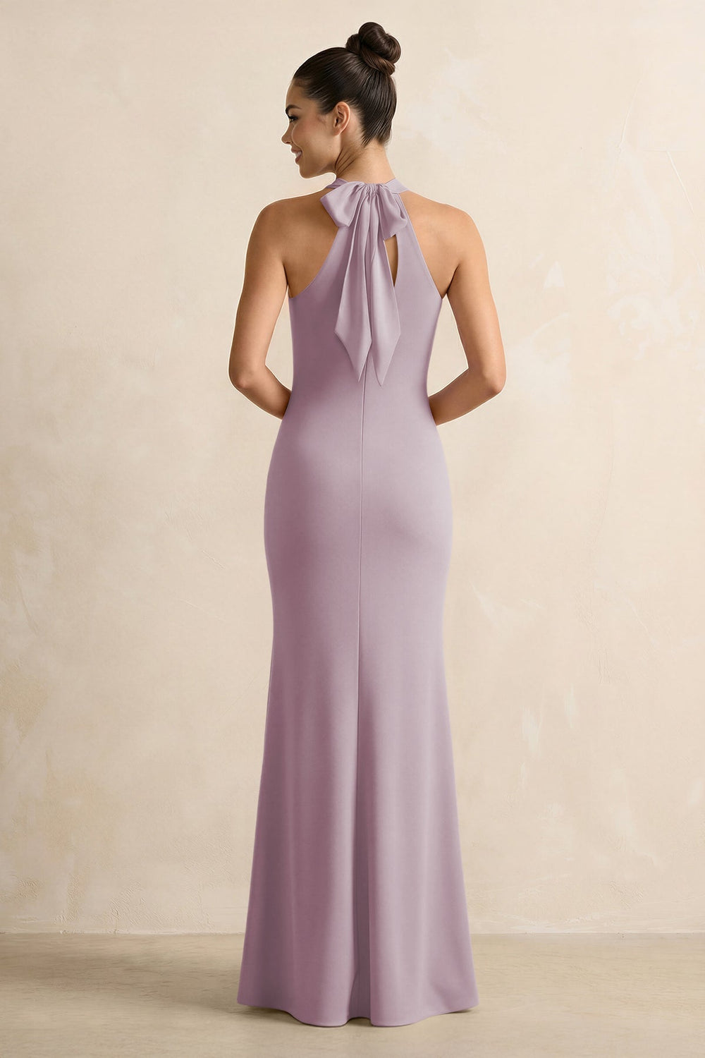 Crisscross Halter Sheath Chiffon Bridesmaid Dress with Bow in Dusk - KissProm BRIDESMAID DRESSES