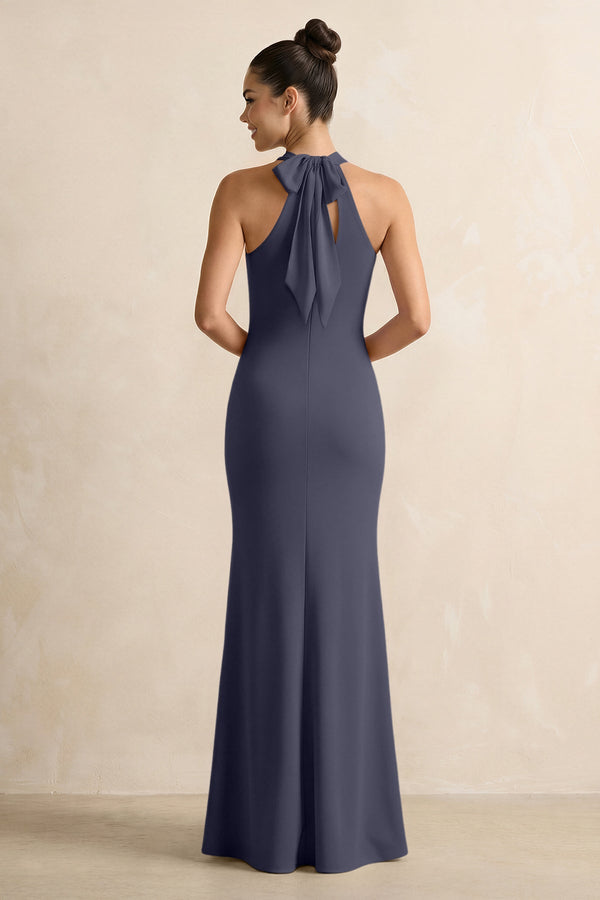 Crisscross Halter Sheath Chiffon Bridesmaid Dress with Bow in Dusk Blue - KissProm BRIDESMAID DRESSES