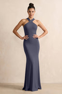 Crisscross Halter Sheath Chiffon Bridesmaid Dress with Bow in Dusk Blue - KissProm BRIDESMAID DRESSES
