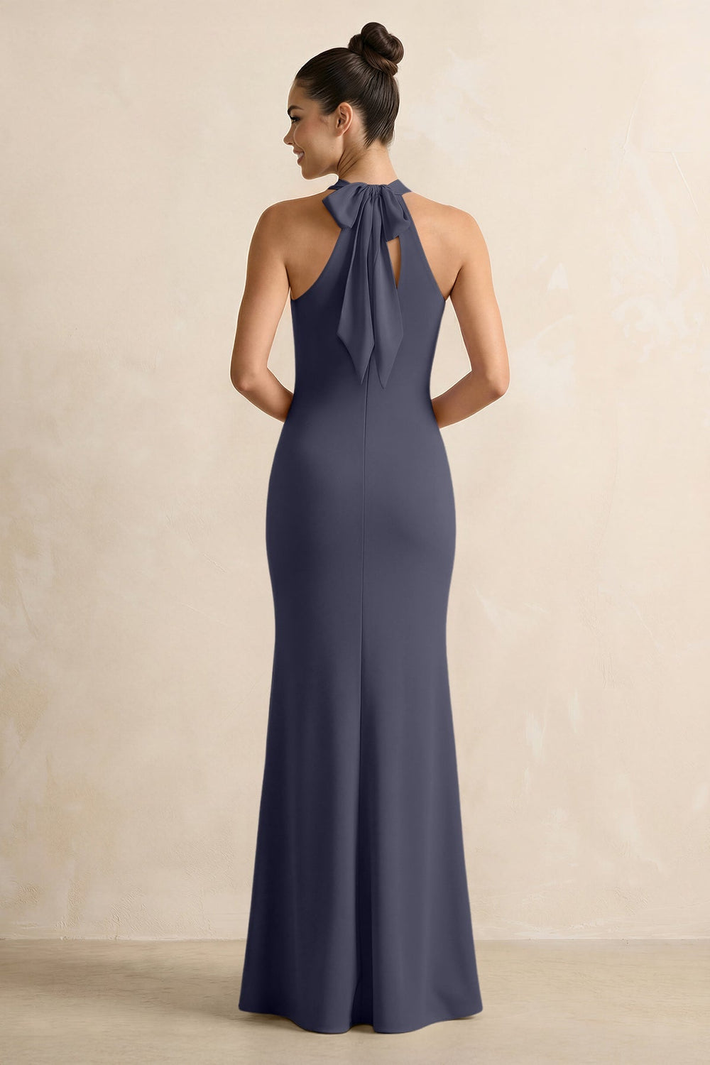 Crisscross Halter Sheath Chiffon Bridesmaid Dress with Bow in Dusk Blue - KissProm BRIDESMAID DRESSES