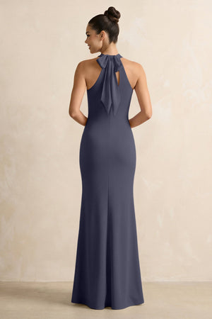Crisscross Halter Sheath Chiffon Bridesmaid Dress with Bow in Dusk Blue - KissProm BRIDESMAID DRESSES