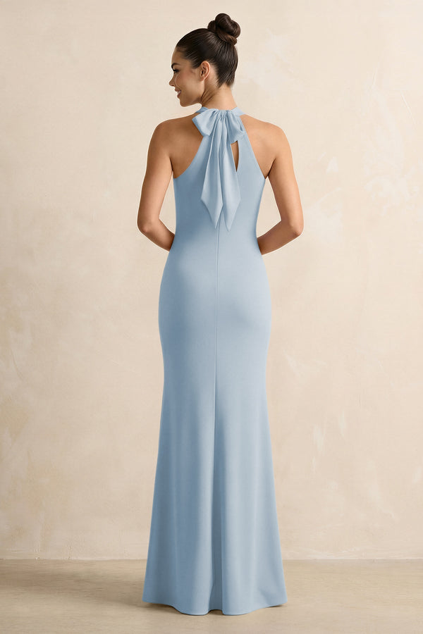 Crisscross Halter Sheath Chiffon Bridesmaid Dress with Bow in Dusty Blue - KissProm BRIDESMAID DRESSES