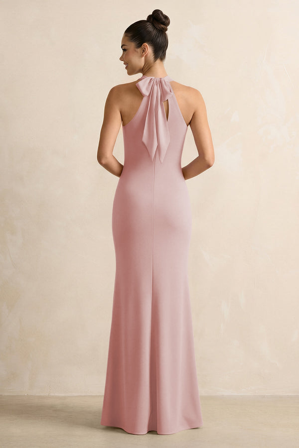 Crisscross Halter Sheath Chiffon Bridesmaid Dress with Bow in Dusty Rose - KissProm BRIDESMAID DRESSES