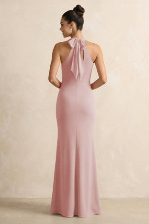 Crisscross Halter Sheath Chiffon Bridesmaid Dress with Bow in Dusty Rose - KissProm BRIDESMAID DRESSES
