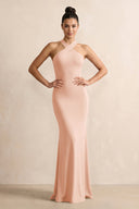 Crisscross Halter Sheath Chiffon Bridesmaid Dress with Bow in English Rose - KissProm BRIDESMAID DRESSES