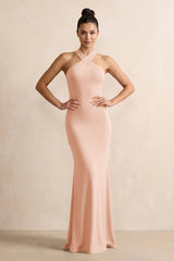 Crisscross Halter Sheath Chiffon Bridesmaid Dress with Bow in English Rose - KissProm BRIDESMAID DRESSES