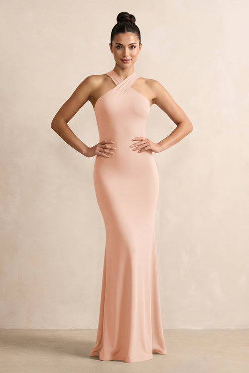 Crisscross Halter Sheath Chiffon Bridesmaid Dress with Bow in English Rose - KissProm BRIDESMAID DRESSES