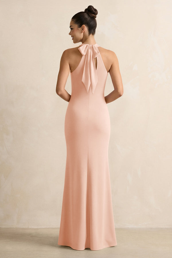 Crisscross Halter Sheath Chiffon Bridesmaid Dress with Bow in English Rose - KissProm BRIDESMAID DRESSES