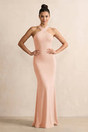 Crisscross Halter Sheath Chiffon Bridesmaid Dress with Bow in English Rose - KissProm BRIDESMAID DRESSES