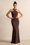 Crisscross Halter Sheath Chiffon Bridesmaid Dress with Bow in Espresso - KissProm BRIDESMAID DRESSES