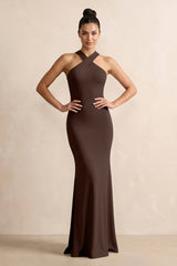 Crisscross Halter Sheath Chiffon Bridesmaid Dress with Bow in Espresso - KissProm BRIDESMAID DRESSES