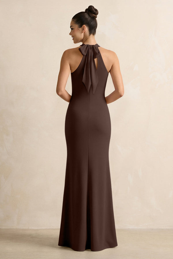 Crisscross Halter Sheath Chiffon Bridesmaid Dress with Bow in Espresso - KissProm BRIDESMAID DRESSES