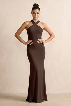 Crisscross Halter Sheath Chiffon Bridesmaid Dress with Bow in Espresso - KissProm BRIDESMAID DRESSES