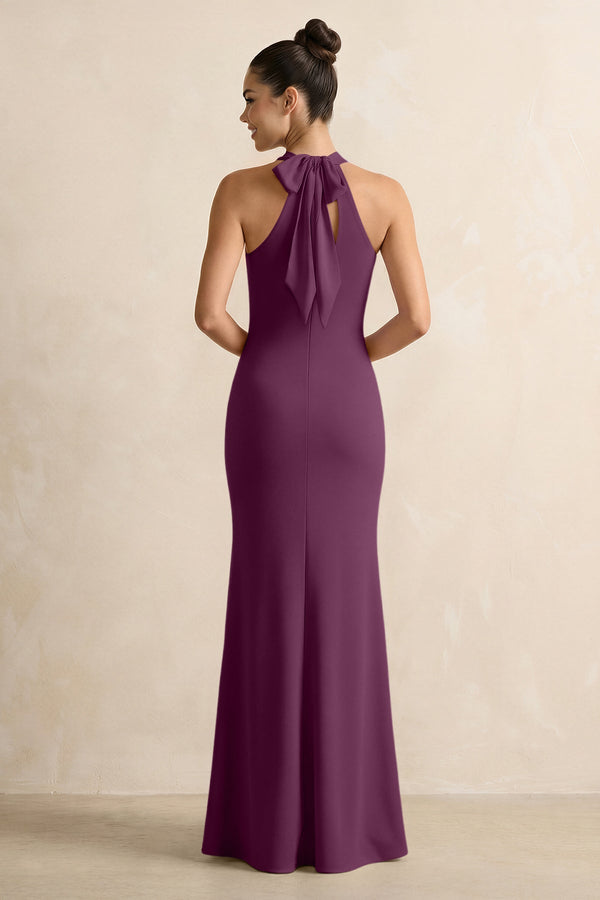 Crisscross Halter Sheath Chiffon Bridesmaid Dress with Bow in Fig - KissProm BRIDESMAID DRESSES