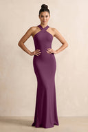 Crisscross Halter Sheath Chiffon Bridesmaid Dress with Bow in Fig - KissProm BRIDESMAID DRESSES