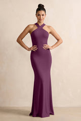 Crisscross Halter Sheath Chiffon Bridesmaid Dress with Bow in Fig - KissProm BRIDESMAID DRESSES