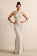 Crisscross Halter Sheath Chiffon Bridesmaid Dress with Bow in Frost - KissProm BRIDESMAID DRESSES