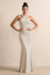 Crisscross Halter Sheath Chiffon Bridesmaid Dress with Bow in Frost - KissProm BRIDESMAID DRESSES