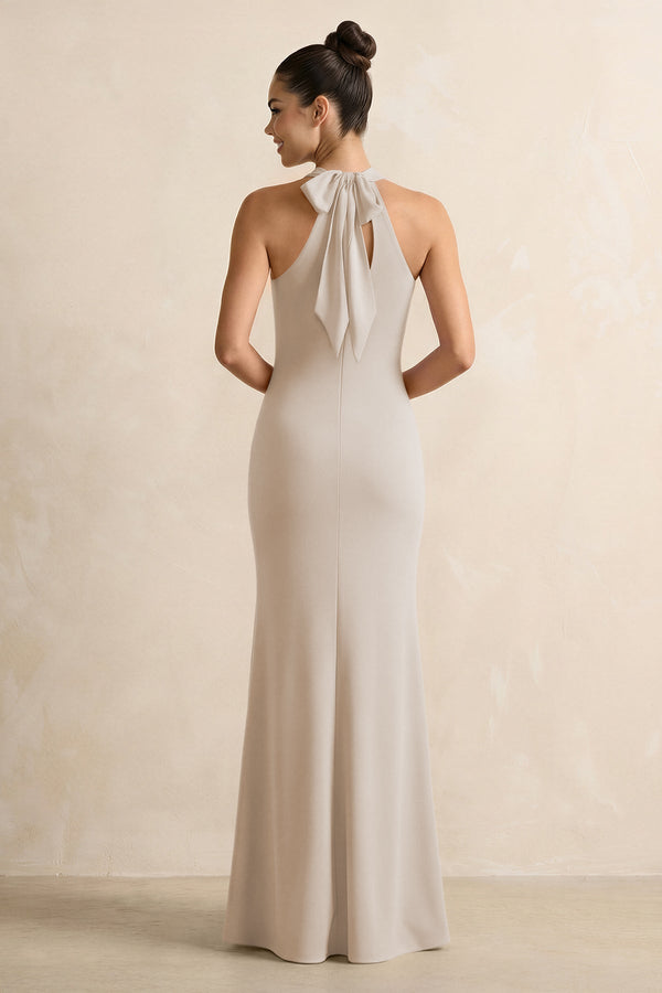 Crisscross Halter Sheath Chiffon Bridesmaid Dress with Bow in Frost - KissProm BRIDESMAID DRESSES